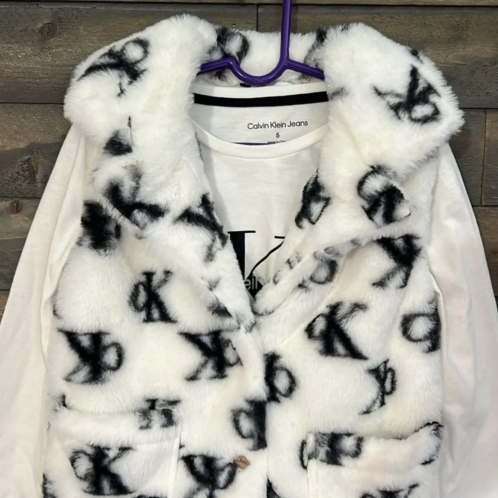 New Calvin Klein Faux Fur Vest with Calvin Klein Long Sleeve Shirt Girls size 5